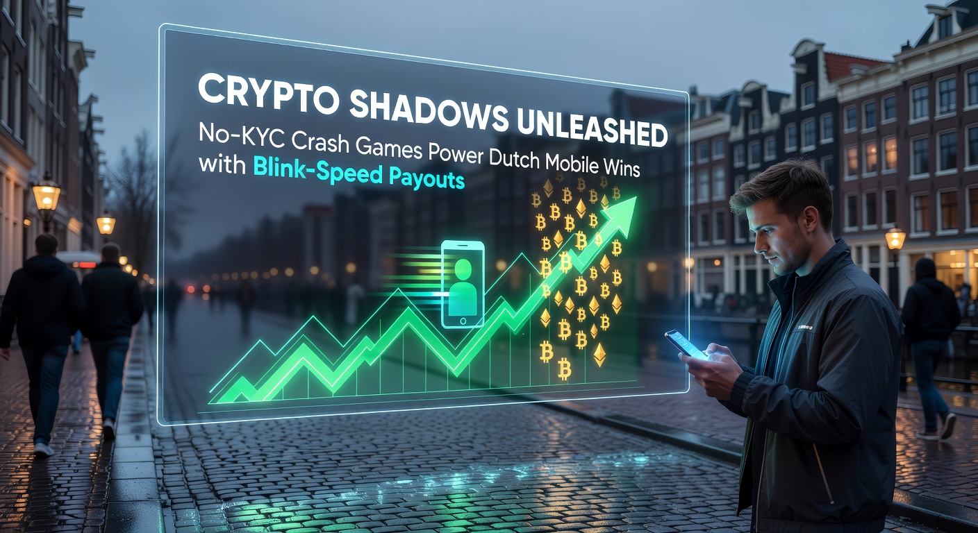 Mobiel scherm met crypto wallet en crash game multiplier op piek, omringd door Nederlandse vlag en klok die bliksemsnelle tijd aangeeft