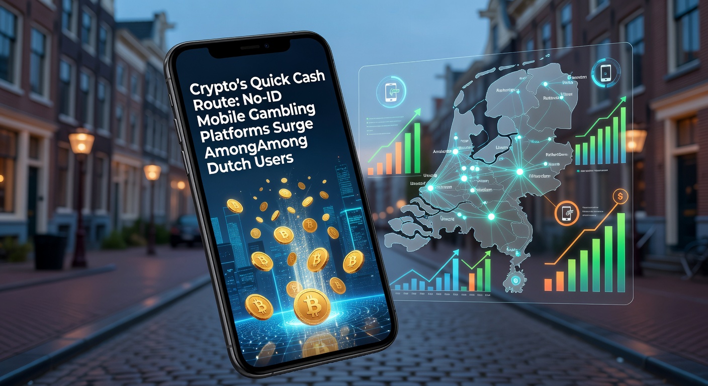 Mobiele telefoon met crypto-gokapp op scherm, Nederlandse vlag op achtergrond en flitsende uitbetalingsiconen