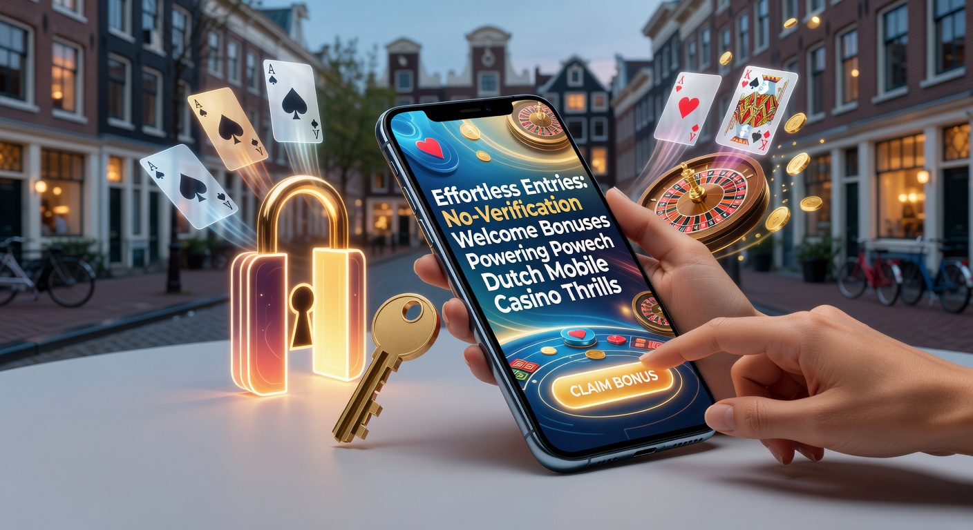 Mobiele telefoon met casino app en welkomstbonus pop-up, symboliserend snelle instap zonder verificatie