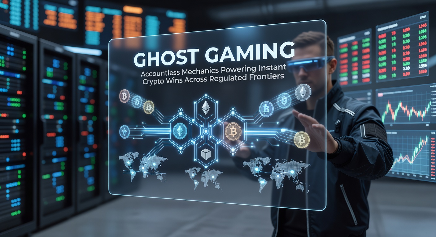 Afbeelding van een digitaal spookachtig gaming-platform met crypto-symbolen en accountloze interfaces die winsten uitbeelden in een gereguleerde omgeving