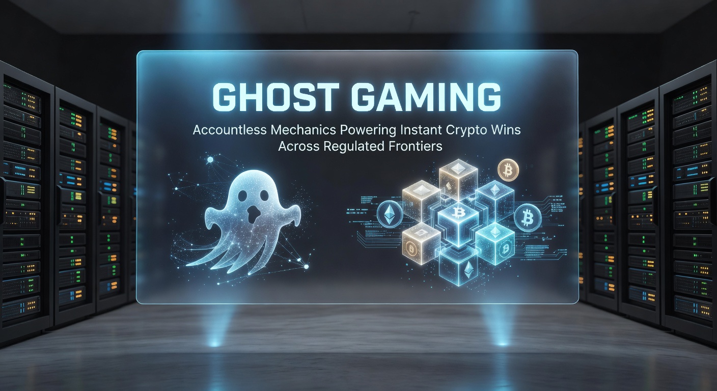 Dynamische visualisatie van Ghost Gaming's blockchain-gebaseerde accountloze transacties met crypto-stroom en gereguleerde compliance-badges