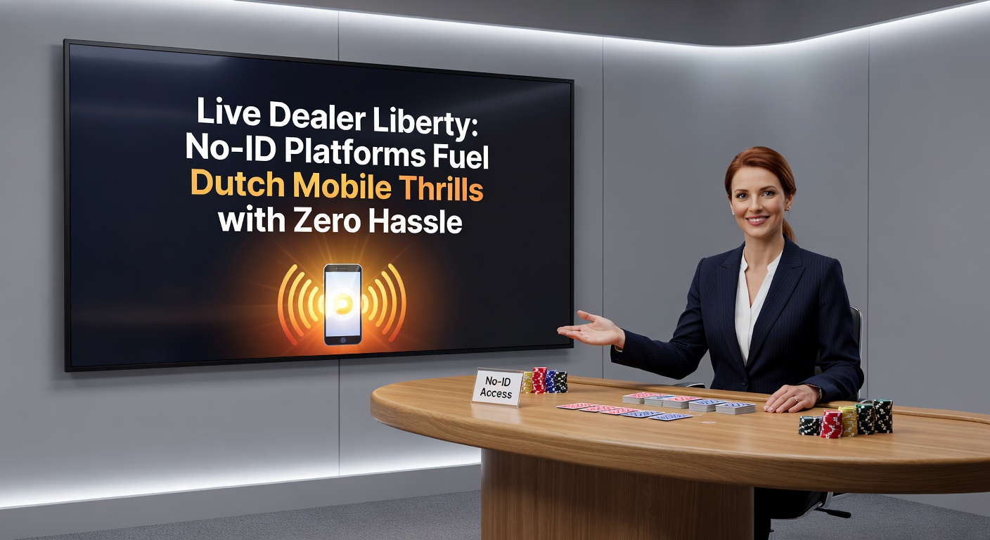 Mobiele telefoon met live dealer blackjack sessie op een no-ID platform, achtergrond van Nederlandse vlag en kaarten