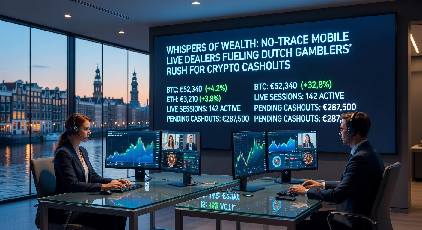 Crypto transactiescherm met live dealer op achtergrond en Nederlandse vlag, weergevend snelle anonieme uitbetalingen